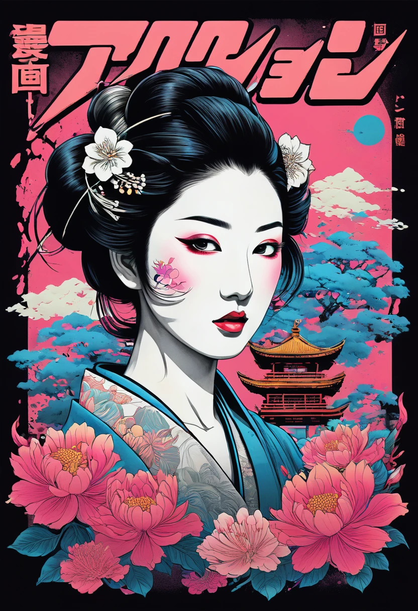 Design a t-shirt featuring a fantasy art illustration of geisha portrait profile with tattooed shoulder( half body) with a gaz mask ,crossed swords, Combine a detailed blackand white drawing with vibrant, colorful digital fantasy style featuring the word ( GEISHA). Draw inspiration from the intricate and dynamic styles of Dan Mumford, junko mizuno, and Frank Frazetta.negative space