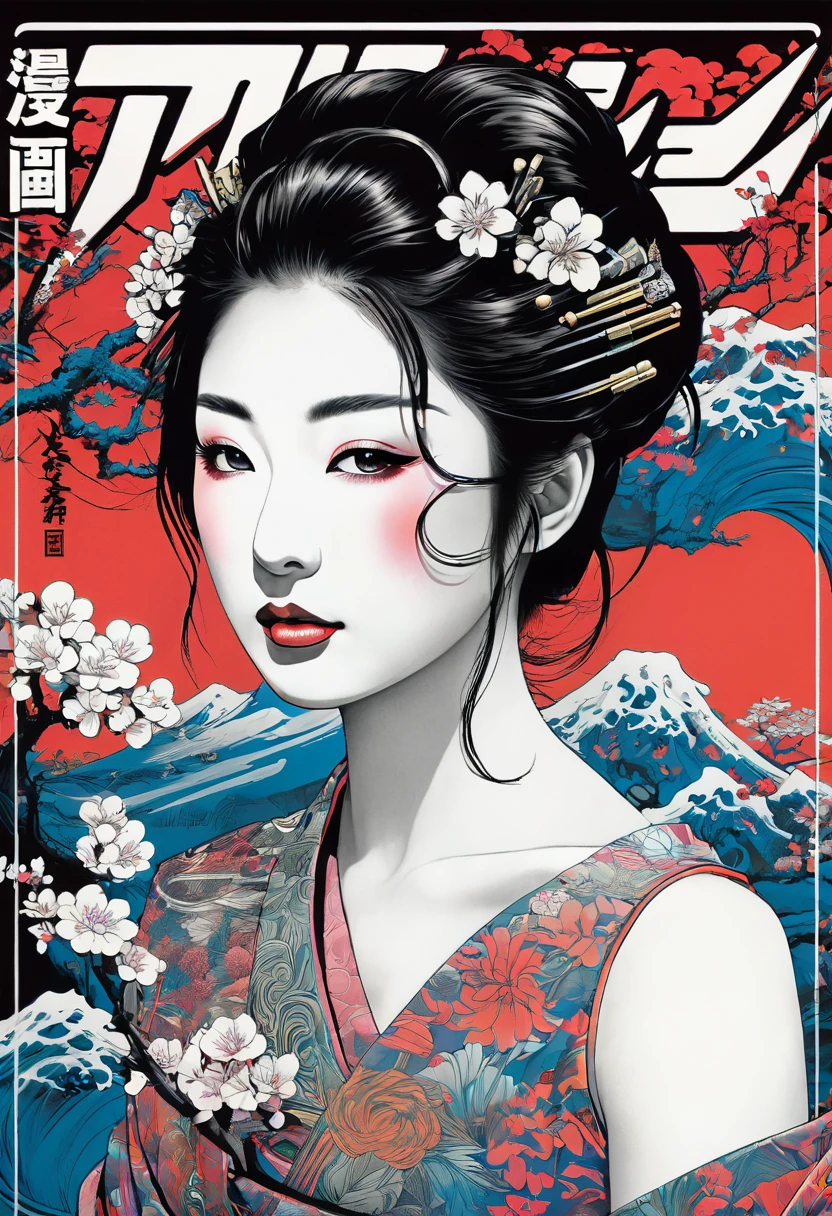 Design a t-shirt featuring a fantasy art illustration of geisha portrait profile with tattooed shoulder( half body) with a gaz mask ,crossed swords, Combine a detailed blackand white drawing with vibrant, colorful digital fantasy style featuring the word ( GEISHA). Draw inspiration from the intricate and dynamic styles of Dan Mumford, junko mizuno, and Frank Frazetta.negative space