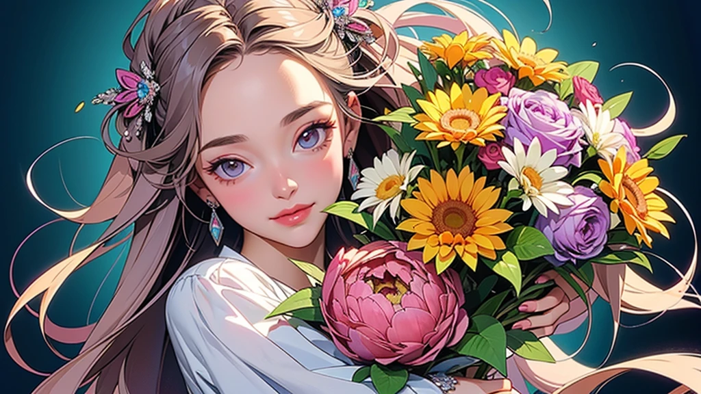 (ultra-Detailed Background, Detailed Background), Absurd, High resolution, Super detailed, Very detailed, One girl, (bouquet:1.3), (Tangled:1.2), (Geometric:1.2),(colorful),