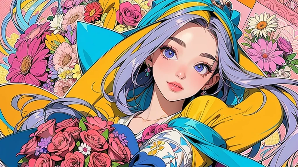 (ultra-Detailed Background, Detailed Background), Absurd, High resolution, Super detailed, Very detailed, One girl, (bouquet:1.3), (Tangled:1.2), (Geometric:1.2),(colorful),