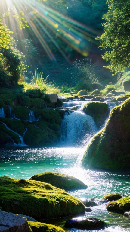 A chaotic waterfall in a tranquil and beautiful landscape, Ray Tracing, detaileded reflections, complicated, high detailed, Drama, Top quality masterpiece, Photorealism, detailed, 8K, High resolution, Backlight, Hello, flash, chromatic aberration, Sharp focus