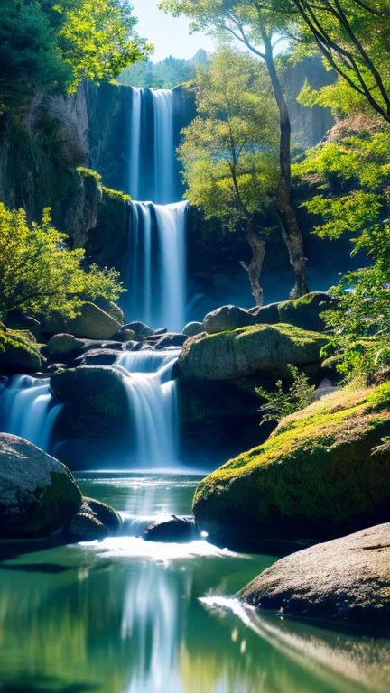 A chaotic waterfall in a tranquil and beautiful landscape, Ray Tracing, detaileded reflections, complicated, high detailed, Drama, Top quality masterpiece, Photorealism, detailed, 8K, High resolution, Backlight, Hello, flash, chromatic aberration, Sharp focus