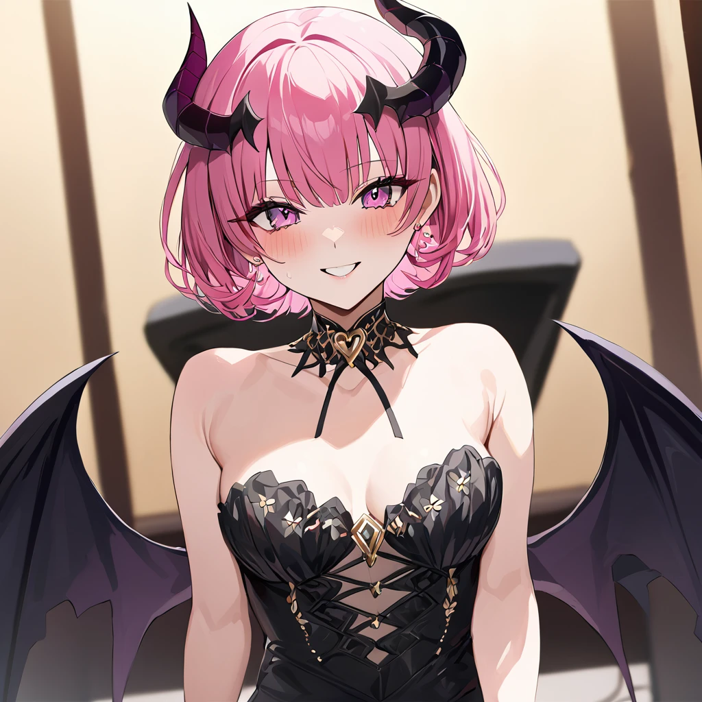 ((Highest quality)), ((masterpiece)), (detailed), (Perfect Face)、The woman is naked and is the devil queen Momo Belia Deviluke. The woman is wearing a black wedding dress decorated with gold. The woman is the sexy devil queen Momo Belia Deviluke.、The woman is a female demon with magnificent devil horns, jet black devil wings, and a jet black tail. She is looking at the camera with a happy expression on her face. Her name is Momo Belia Deviluke, and she has pink hair in a short bob and the expression of a girl in love.、The woman is Momo Belia Deviluke