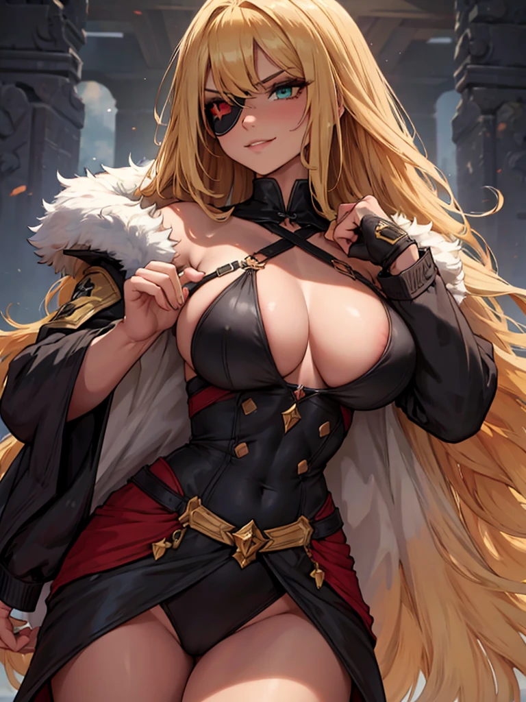 ((masterpiece)), ((best quality)), 1girl, adult, long hair, big bust, ((blonde hair)), very long blonde hair, ((intimidant look)), ((close-up)), profile image, green eyes, black and red clothes, sexy, dark colors, brillant eyes, ((coat with fur)), ((wavy hair)), exposed skin, ((sexy pose)), ((intimidant look)), good anatomy, ((dark sage clothes)), ((straight cut bangs)), emotionless, intimidant, ((beautiful eyes)), dark background, close up, ((detailed eyes)), beautiful eyes, ((detailed face)), hair bang, frontal look, holding a spear, relaxed, smile, magical goddess othinus, abs, detailed face, eyepatch, huge tits, full body, ((detailed))