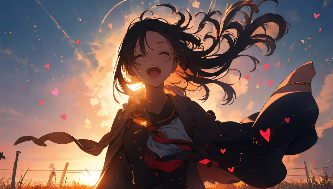 girl, Upper Body, (LOL:1.1), (Open your mouth:1.1), (Eyes Wide Open:1.2), Sun glare, Bokeh, Depth of written boundary, Blurred Background, Particles of light, Strong winds, (Heart Particles:1.1)