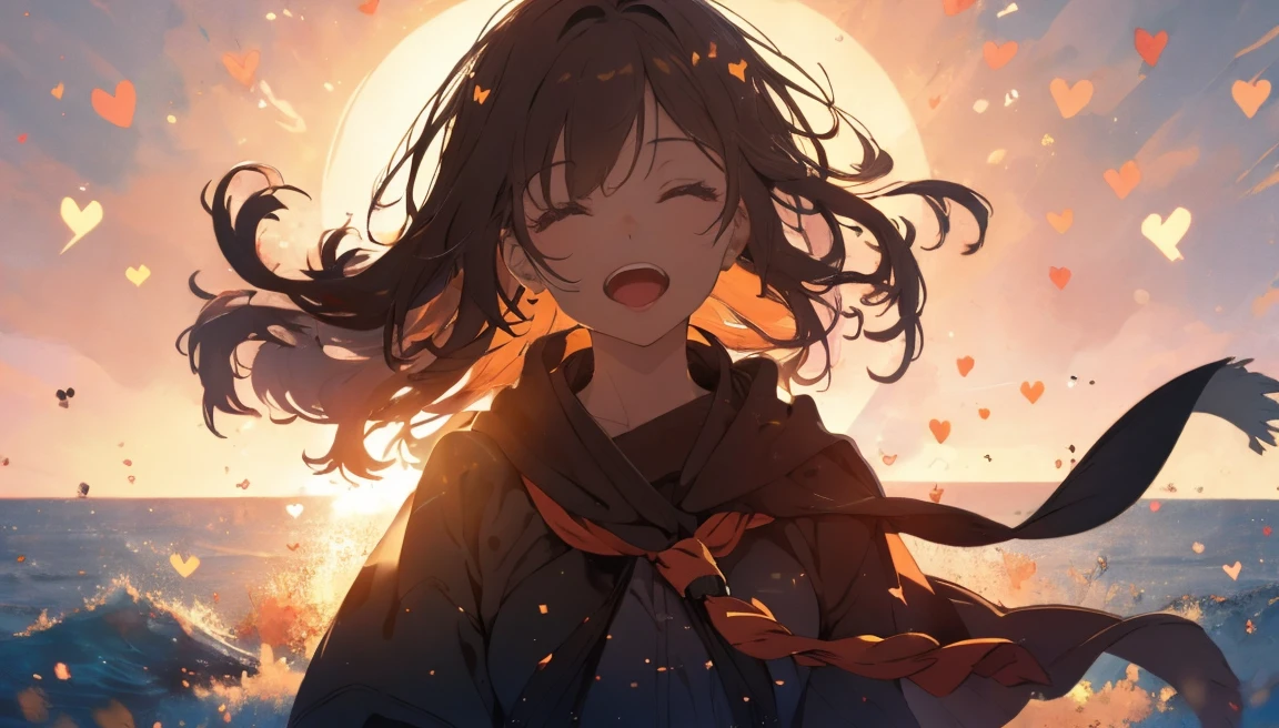 girl, Upper Body, (LOL:1.1), (Open your mouth:1.1), (Eyes Wide Open:1.2), Sun glare, Bokeh, Depth of written boundary, Blurred Background, Particles of light, Strong winds, (Heart Particles:1.1)