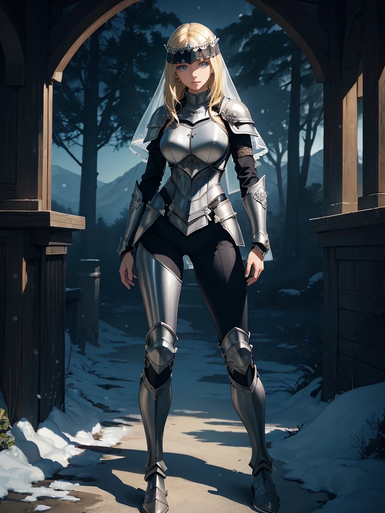 ((1girl, solo)), beautiful body, (perfect anatomy, perfect body, perfect hands, perfect legs), (five fingers:1.5), natural proportions, sexy body, large breasts, cowboy shot BREAK
((extremely detailed face)), (beautiful detailed eyes:1.6), (realistic pupils, realistic iris:1), expressive eyes, looking at viewer, (clear eyes:1.3), (hyperrealistic:1.2), (detailed skin texture:1.2), smooth skin, (blonde hair:1.5), blue eyes, long hair, (detailed lips:1.2), (attractive lips:1.1), (glossy lips:1.1), (grin), perfect face, perfect eyes BREAK
female knight, (veil:1.5), long sleeves, (armor:1.5), (breastplate:1.5), (shoulder armor:1.2), (arm guard:1.3), armor gloves, (black pants:1.5), skin tight, (((pelvic curtain))), (greaves:1.3), armored boots, belt BREAK
(outdoors:1.5), (day:1.3), nature, (winter:1.3), trees, (shade of trees:1.2), (snow), mountain range, medieval BREAK
(masterpiece:1.5), anime-style, top quality, best quality, (beautiful and aesthetic:1.2), (ultra detail:1.5), Ultra-detailed depiction, Ultra-precise depiction, extremely detailed 8k illustration, high resolution, (highly detailed shading:1.2), (realistic lighting:1.4), perfect lighting, vibrant colors, dynamic tones, striking hues, 8k, absurd resolution, perfect shadows, hdr, UHD, ambient lighting, realistic, ultra-realistic, photo realistic, highly detailed, rich detail, luminous colors, fine texture, intricate design, professional illustration, (soft light:1.2), (illustration:0.7)