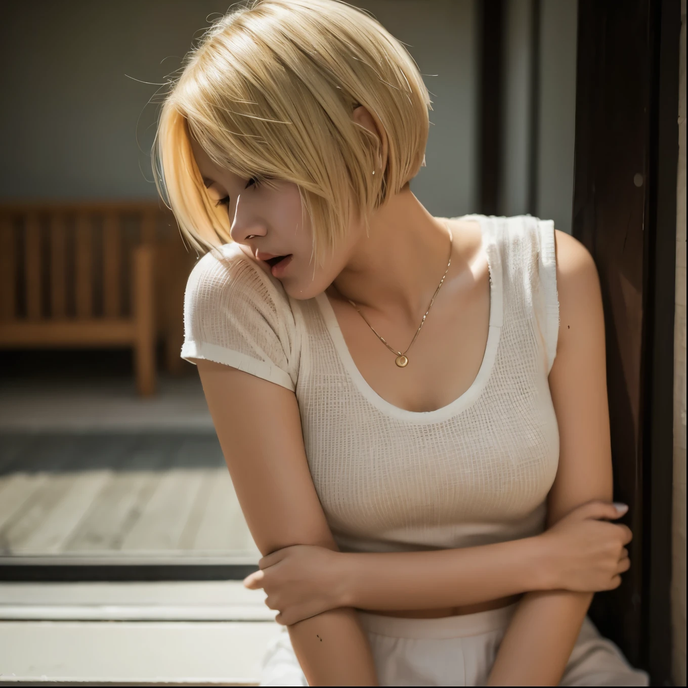 20-year-old woman,Blonde short bob hair,Uneasy atmosphere,cry、whole body