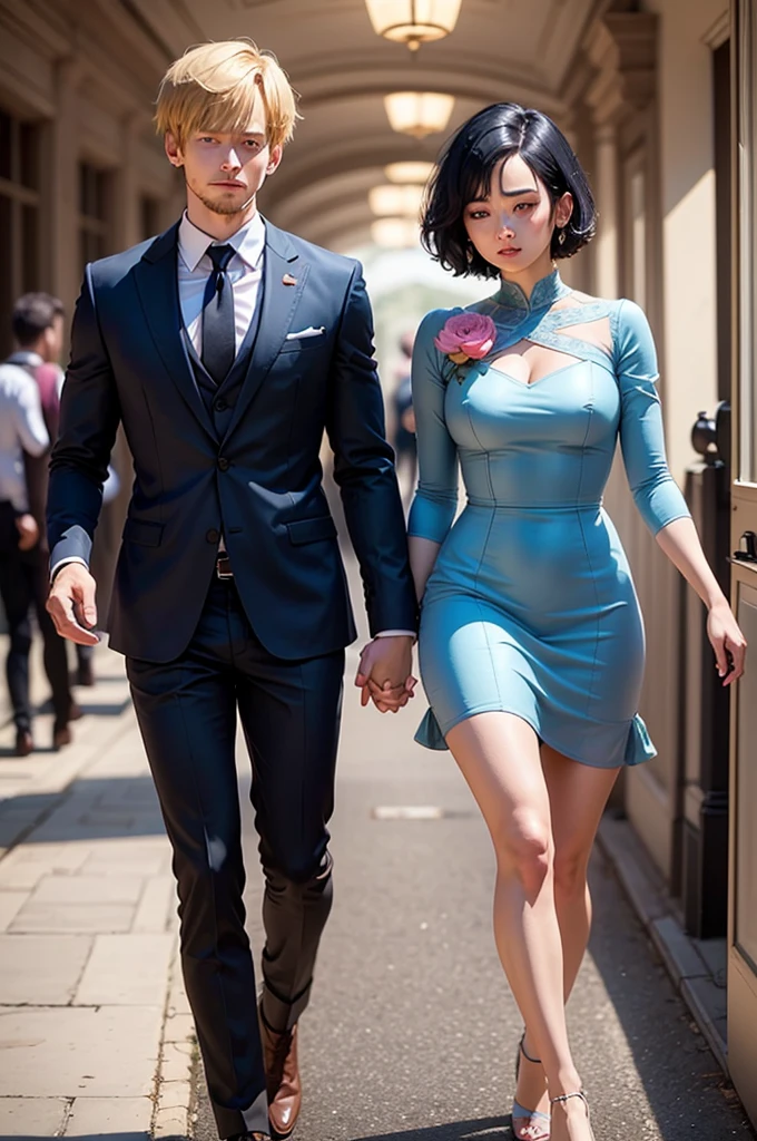 Lena with short dark blue hair wearing a pink dress with flowers and Sanji in a suit looking at her