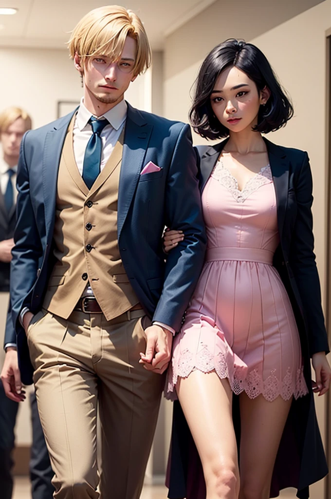 Lena with short dark blue hair wearing a pink dress with flowers and Sanji in a suit looking at her
