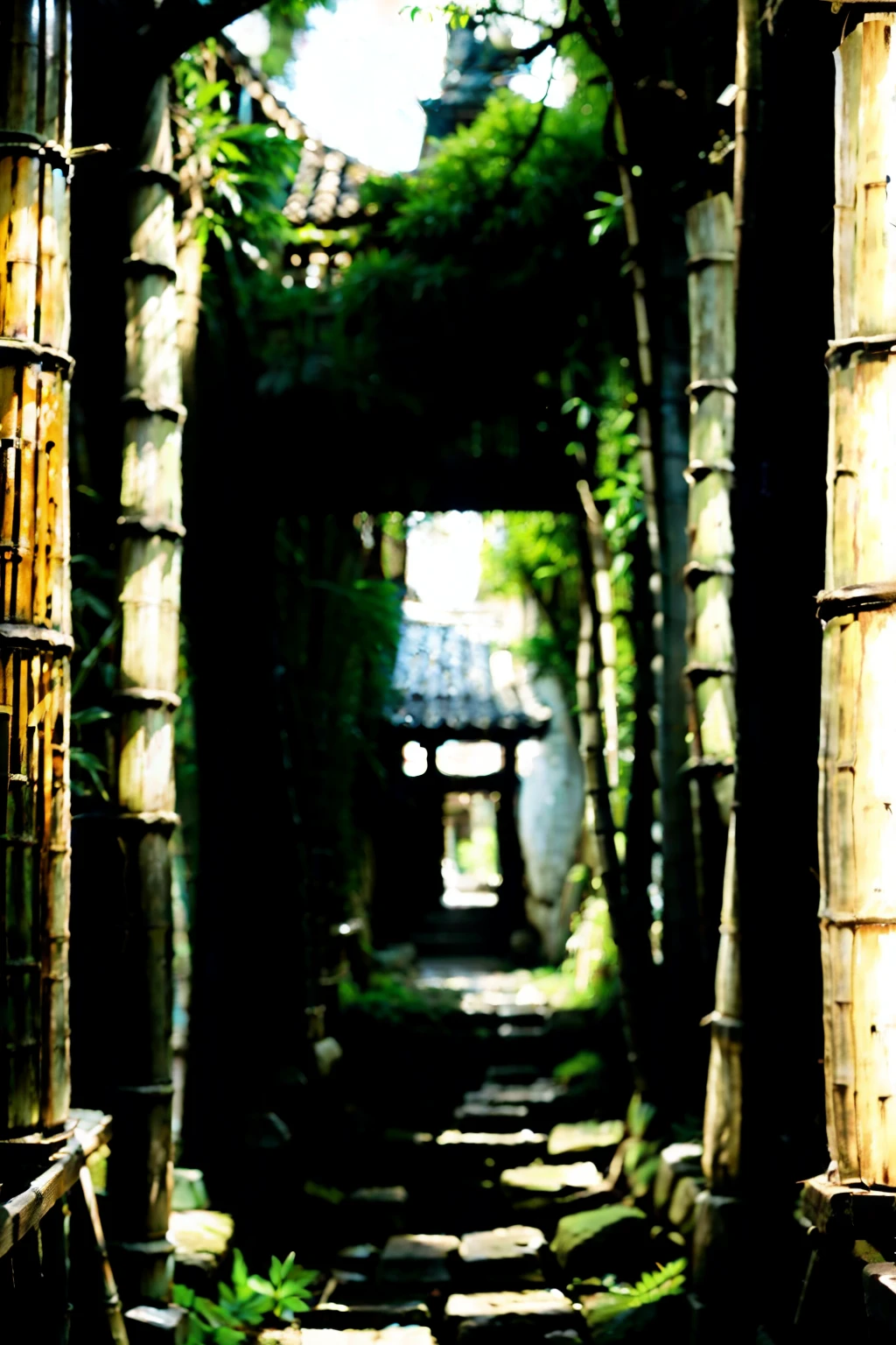 生成一个bamboo forest里的Ancient alley海报，bamboo forest，Ancient alley，Chinese Architecture，Simplicity，creative poster，16:9