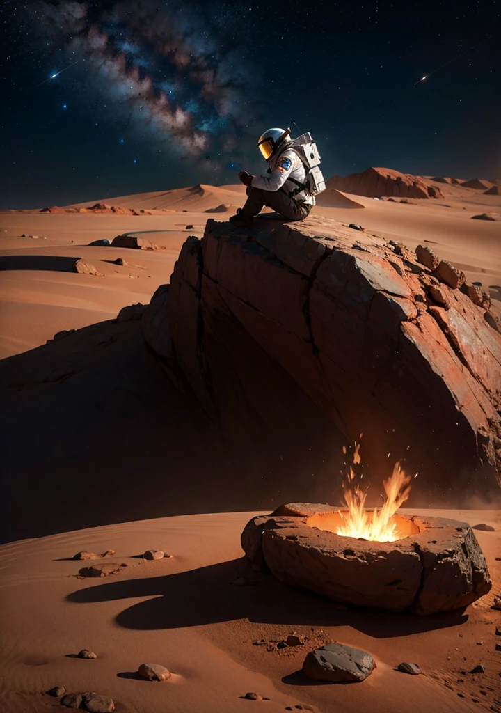 An astronaut is sitting and leaning against a large rock on the surface of Mars at night. The Martian landscape is bathed in the dim light of distant stars, and the red planet's barren, rocky terrain stretches out in the background. The astronaut's suit is illuminated by the faint glow of their helmet lights, and the scene has a peaceful, contemplative atmosphere under the vast, starry sky.
