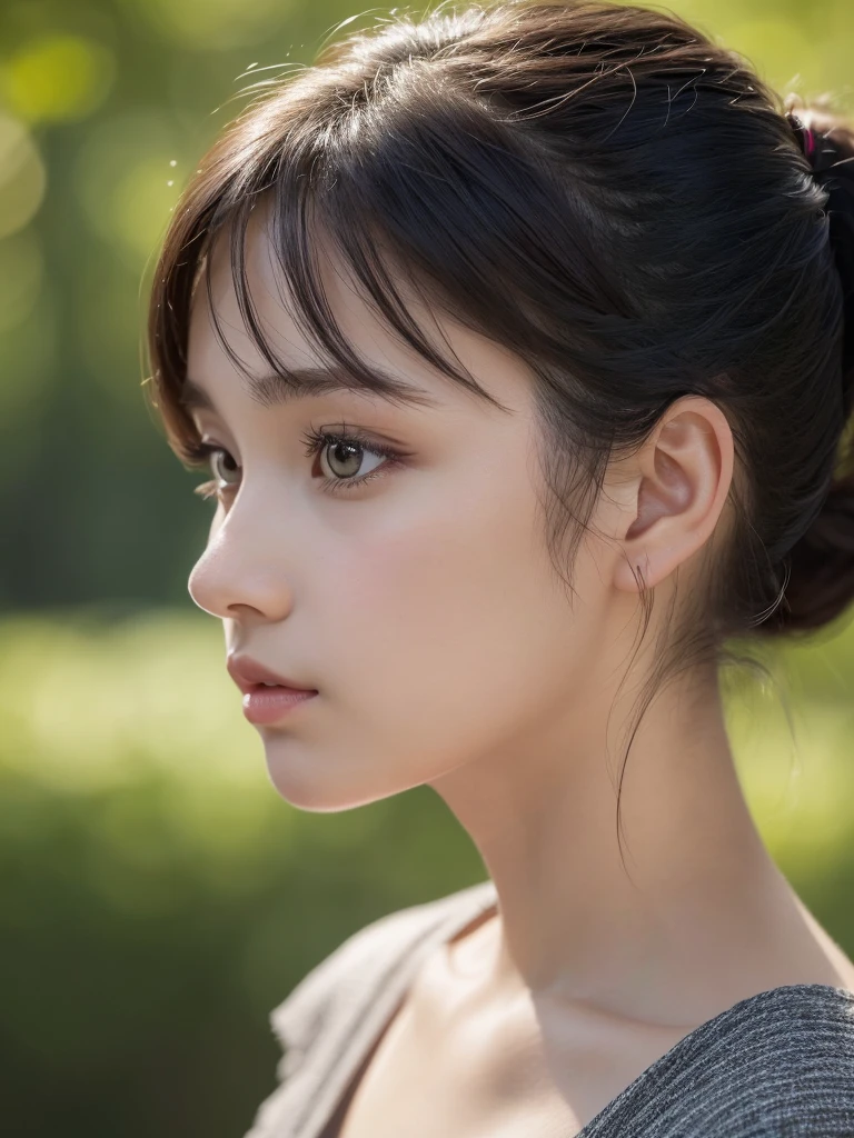 One Girl,(1人のとてもcute女の子:1.3),masterpiece,Highest quality,High resolution,From below,Low - Angle,Photorealistic,RAW Photos,Ray Tracing,beautiful girl,(8-year-old:1.3),cute,Big eyes,(detailed pupils:1.2),(Face turned to the side:1.3),Cute nose,Beautiful nose,Upturned nose,Fuller lips,Short black hair,ponytail,short hair,Detailed eyelashes,Thin eyebrows,Very fine grain definition,(profile:1.3),(Face close-up,Face Focus:1.0),Small breasts,Short neck,Off the shoulder,People emerge,Dark Background,forest,Portrait,Look to the side,Upper Body,Cinema Lighting,High resolution,Very detailed