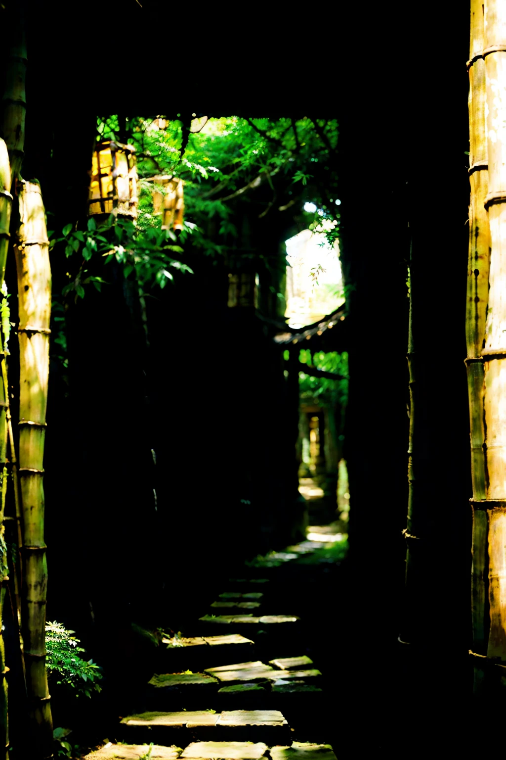 生成一个bamboo forest里的Ancient alley海报,bamboo forest,Ancient alley,Chinese Architecture,Simplicity,creative poster,16:9