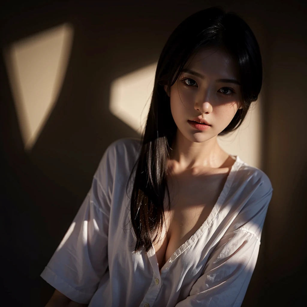 Highest quality、masterpiece、Ultra-high resolution、(Realism:1.4)、1 girl、In a pale background、Deep Shadow、Low Key、Shortcuts、Upper Body、sex appeal、Wearing a shirt