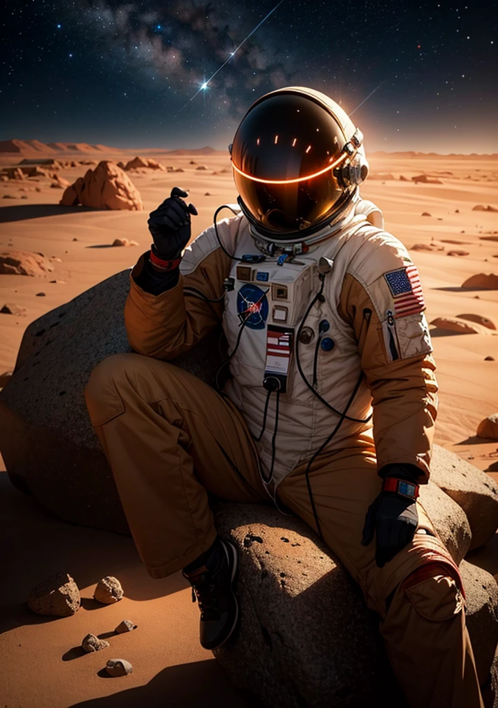 An astronaut is sitting and leaning against a large rock on the surface of Mars at night. The Martian landscape is bathed in the dim light of distant stars, and the red planet's barren, rocky terrain stretches out in the background. The astronaut's suit is illuminated by the faint glow of their helmet lights, and the scene has a peaceful, contemplative atmosphere under the vast, starry sky.