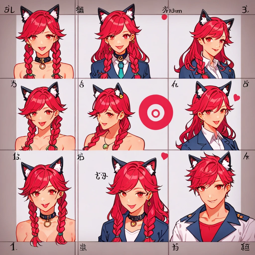  1 Girl, Red hair, Animal ears, Wear a long-sleeved jacket, creative design, whole body, Reference table, Role List, Tokyo Avengers Style、Red Hair、Red eyes、Long hair、Double braids、Girl、Lovely、Energetic、Combo chart、whole body立绘，from head to foot，Facial Expression Differences，different dynamics，Different expressions，Combo chart