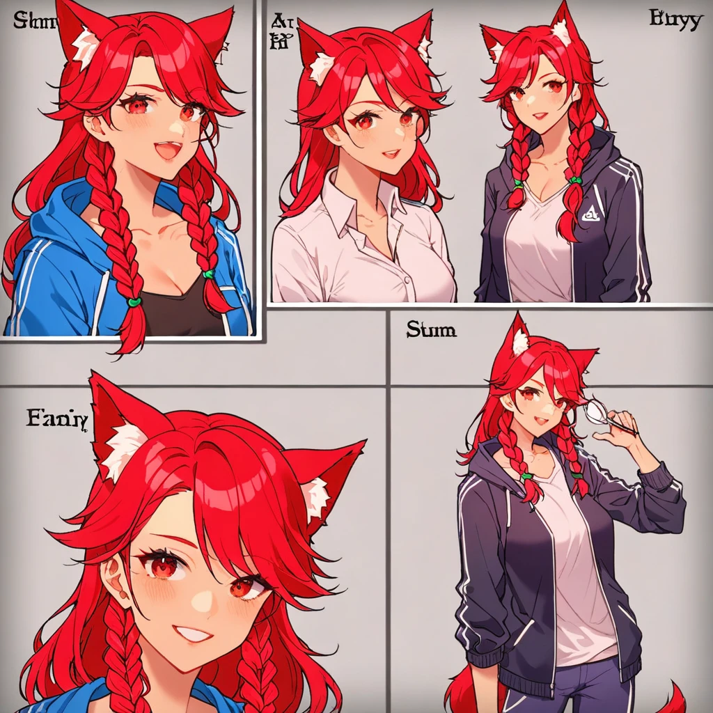  1 Girl, Red hair, Animal ears, Wear a long-sleeved jacket, creative design, whole body, Reference table, Role List, Tokyo Avengers Style、Red Hair、Red eyes、Long hair、Double braids、Girl、Lovely、Energetic、Combo chart、whole body立绘，from head to foot，Facial Expression Differences，different dynamics，Different expressions，Combo chart