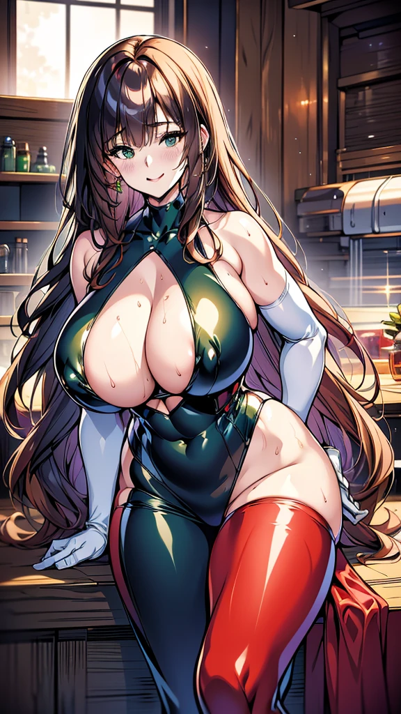 18-year-old girl,Baby Face,Red wavy long hair,Smile,Huge breasts,cleavage,Sheer red sleeveless top,Leave space in the middle to reveal cleavage,Soaked all over,Blushing,green eyes,Female spy,Red miniskirt,White gloves,White hand sleeves,White boots,Science fiction,Future,Inside the mecha combat robot warehouse,robot driver,Pistol hanging on waist,No bangs,Wearing earrings only on one side