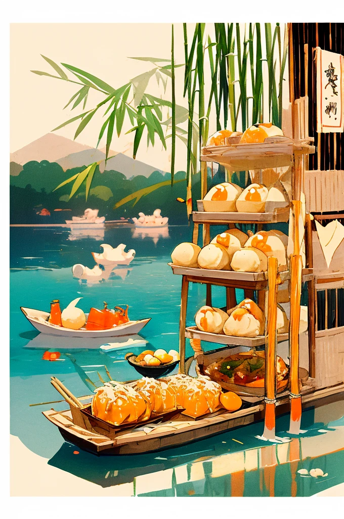 
Chinese food, pork buns, steamed balls of dough with pleats dotted with orange zest on top. Serve in a bamboo steamer filled with plenty of water.