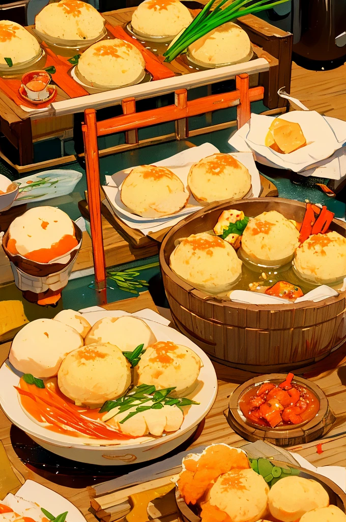 
Chinese food, pork buns, steamed balls of dough with pleats dotted with orange zest on top. Serve in a bamboo steamer filled with plenty of water.