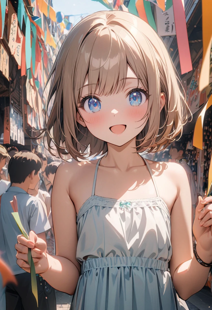 1 girl, 18yo, (flat chest: 1.5), blue eyes, light brown hair, bob cut, summer outfit, smile, open mouth, tanabata festival, large shopping arcade, Tanabata decorations, lots of Tanabata streamers, crowds in the background, upper body, 8k, RAW photo, best quality, masterpiece, extremely detailed 8k wallpaper, ultra-detailed, best shadow, detailed background, beautiful detailed face, beautiful detailed eyes, nice hands, perfect hands