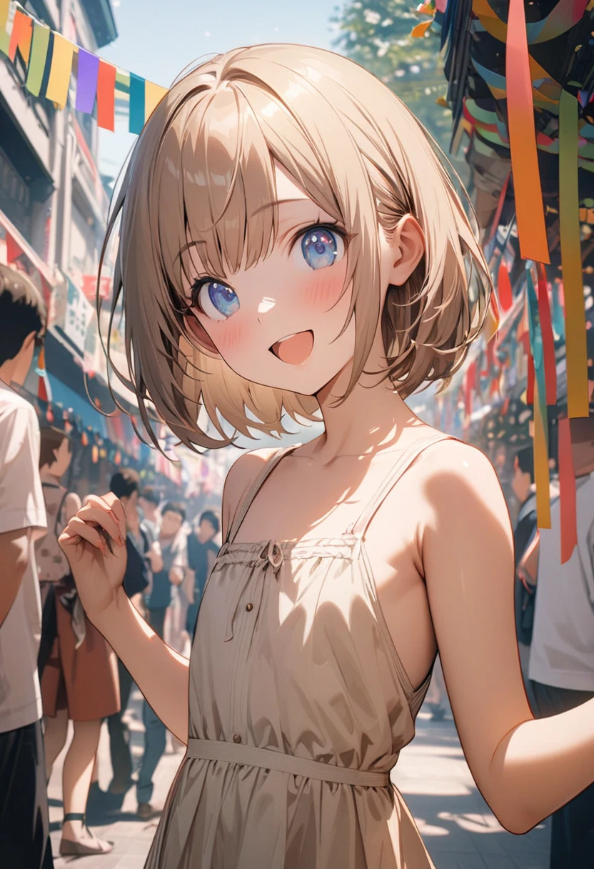 1 girl, 18yo, (flat chest: 1.5), blue eyes, light brown hair, bob cut, summer outfit, smile, open mouth, tanabata festival, large shopping arcade, Tanabata decorations, lots of Tanabata streamers, crowds in the background, upper body, 8k, RAW photo, best quality, masterpiece, extremely detailed 8k wallpaper, ultra-detailed, best shadow, detailed background, beautiful detailed face, beautiful detailed eyes, nice hands, perfect hands