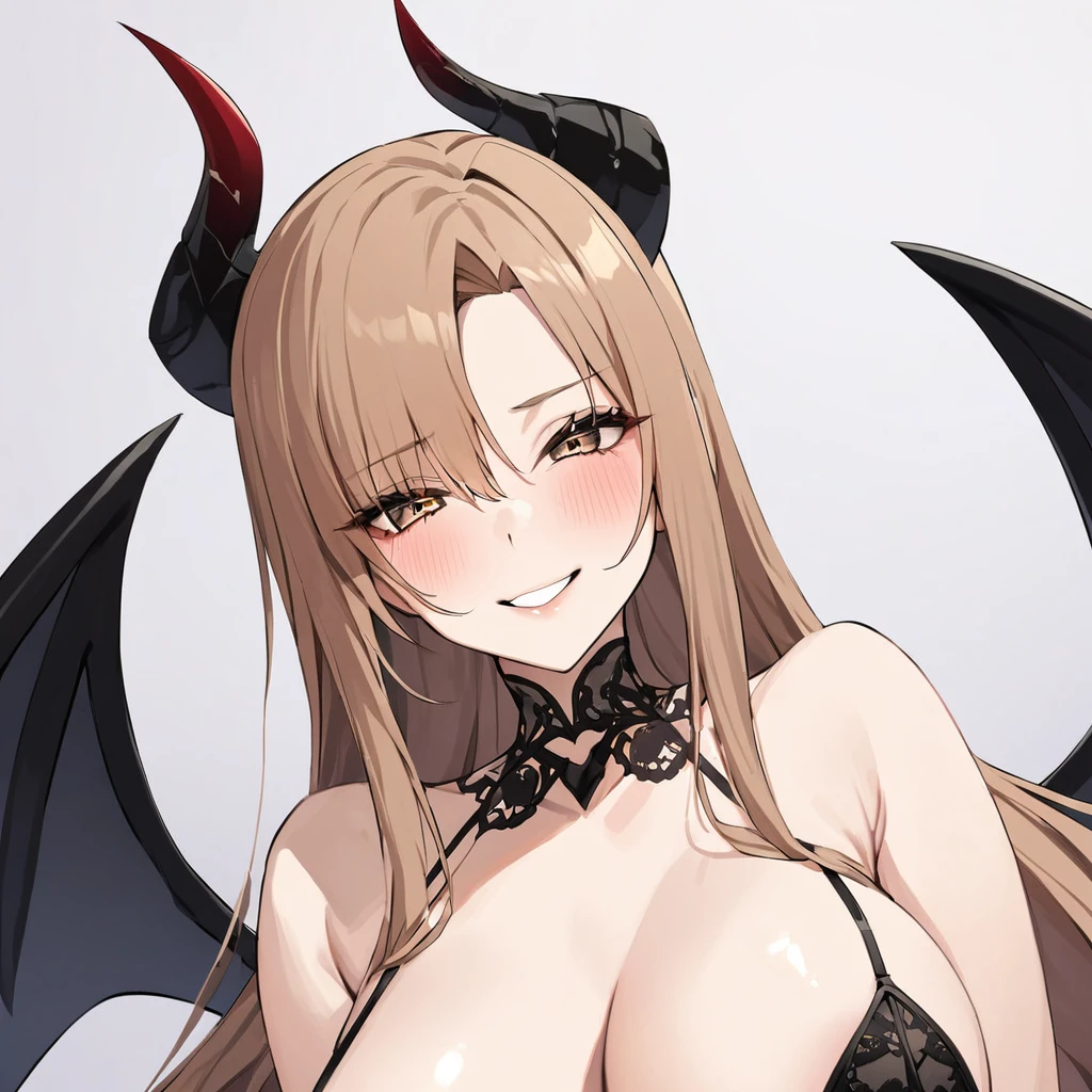 ((Highest quality)), ((masterpiece)), (detailed), (Perfect Face)、The woman is naked and wearing a black wedding dress decorated with gold, the devil queen Yuuki Asuna is a sexy female demon.、The woman is a female demon with magnificent devil horns, jet black devil wings and a jet black tail. She is looking at the camera with a happy expression, a demon named Yuuki Asuna, with brown medium long hair and the expression of a girl in love.、The woman is Yuuki Asuna