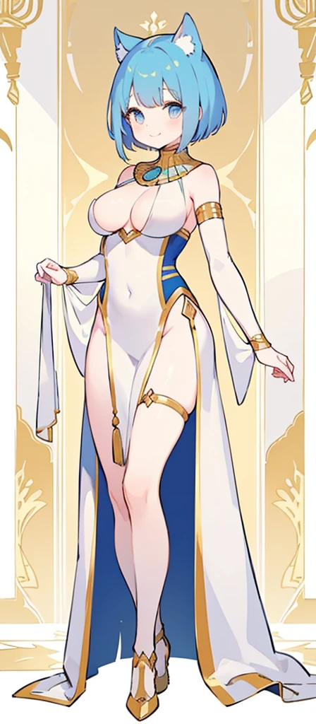 a beautiful short blue-haired girl wearing an elaborate egyptian queen's costume, sexy white egyptian dress with colored striped fabric hem, beautiful naked thighs, full body view, short hair, golden eyes, in the style of an egyptian golden cat, white background, photorealistic, 8k, high quality, detailed, vivid colors, dramatic lighting, Wearing high gold shoes, cute face is obvious, (blank white background with no other objects) Slim body, Standing straight pose, both free hand poses (smile