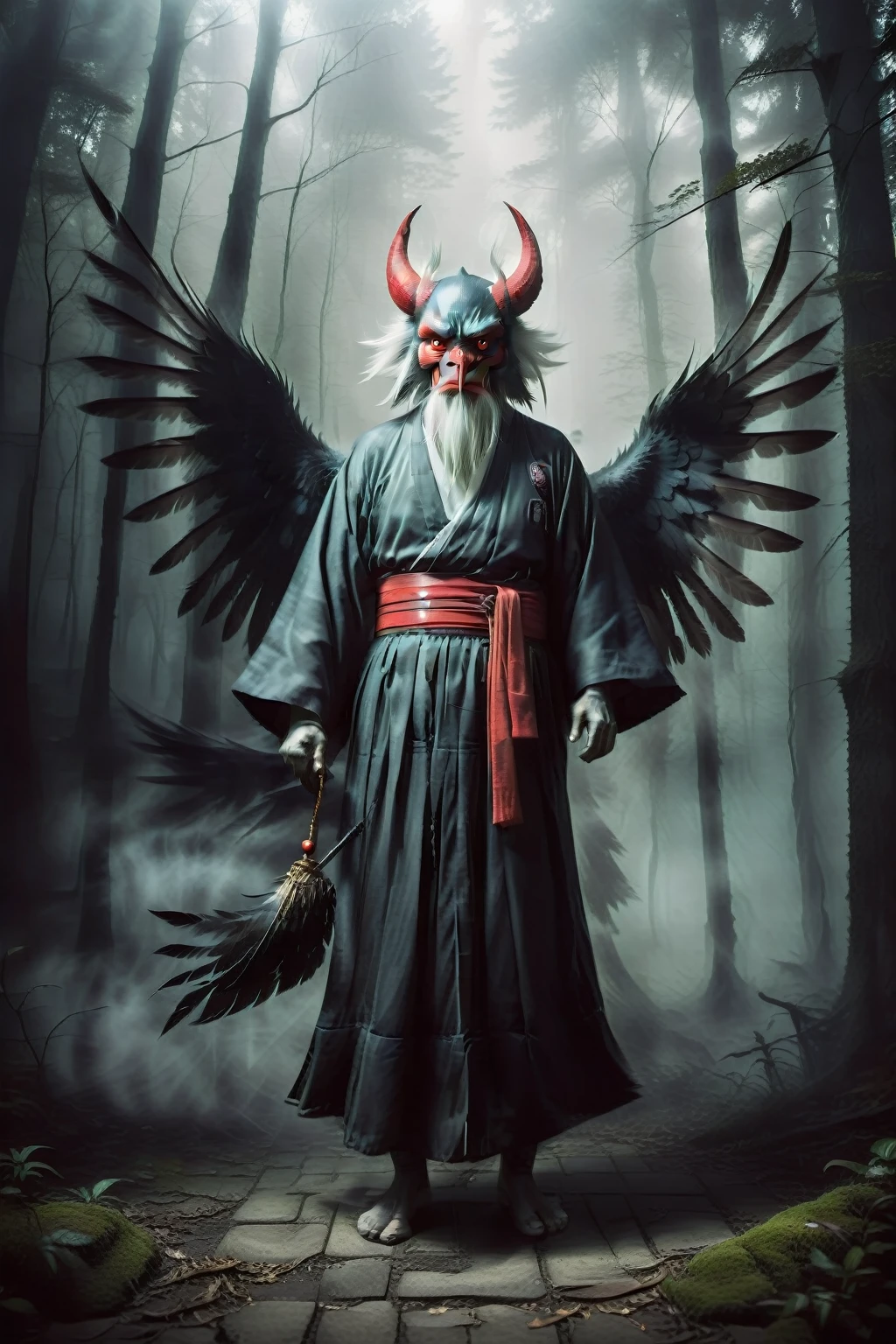 Create a highly realistic and eerie depiction of the Tengu, a popular and terrifying yokai from Japanese folklore. The Tengu should appear as a fearsome and powerful figure with a long, exaggerated nose and a menacing red face. It is dressed in traditional Japanese warrior attire, including a robe, armor, and geta sandals. The Tengu has large, dark feathered wings and holds a fan made of feathers, symbolizing its mystical abilities. The background should be a dark, dense, ancient forest with swirling mist and shadowy figures, adding to the unsettling and haunting atmosphere. The overall image should evoke a sense of fear and unease, capturing the terrifying essence of this legendary yokai.