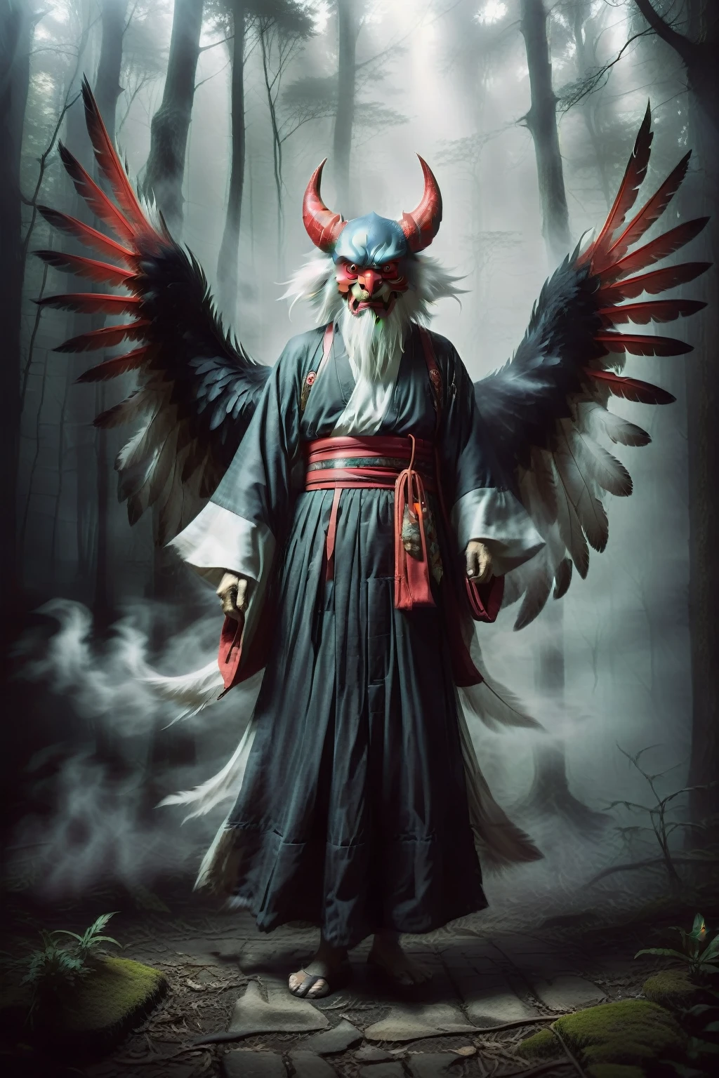 Create a highly realistic and eerie depiction of the Tengu, a popular and terrifying yokai from Japanese folklore. The Tengu should appear as a fearsome and powerful figure with a long, exaggerated nose and a menacing red face. It is dressed in traditional Japanese warrior attire, including a robe, armor, and geta sandals. The Tengu has large, dark feathered wings and holds a fan made of feathers, symbolizing its mystical abilities. The background should be a dark, dense, ancient forest with swirling mist and shadowy figures, adding to the unsettling and haunting atmosphere. The overall image should evoke a sense of fear and unease, capturing the terrifying essence of this legendary yokai.