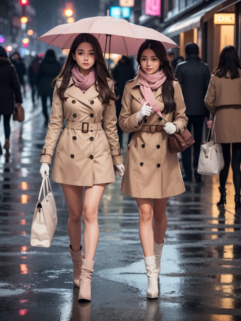 1girl with long brown hair wearing a fully buttoned up and belted buckle beige trench coat with a large pink winter wool scarf and white gloves carrying her large purse at the hard rainy night city street full body 8k