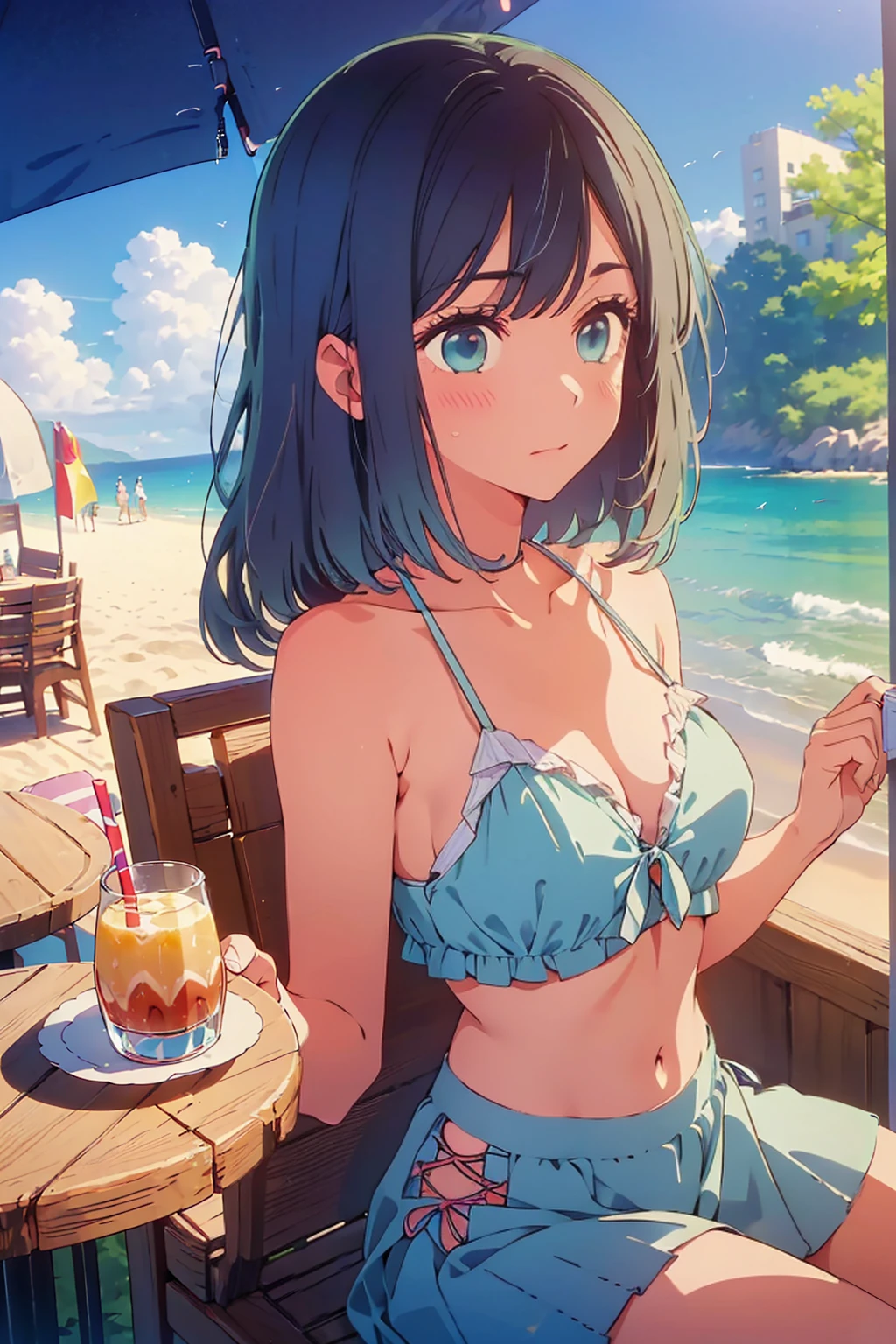 (Highest quality:1.4、masterpiece:1.4、Super detailed:1.4、8K:1.4)、((((1 person、Surprised expression、sit、Outdoor café terrace、coastal、juice、table、Sandy Beach、juiceのグラスを持つ、Big eyes、Plain Bikini、The depth of the written world、Very soft breasts、Very cute face))))、F cup bust、Medium breast