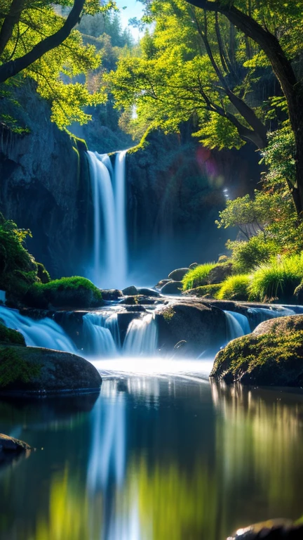 A chaotic waterfall in a tranquil and beautiful landscape, Ray Tracing, detaileded reflections, complicated, high detailed, Drama, Top quality masterpiece, Photorealism, detailed, 8K, High resolution, Backlight, Hello, flash, chromatic aberration, Sharp focus