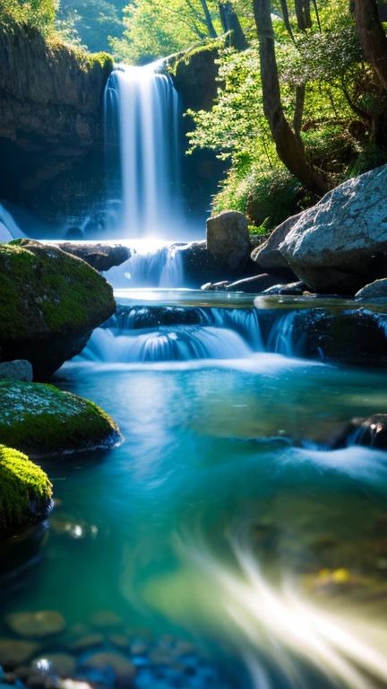 A chaotic waterfall in a tranquil and beautiful landscape, Ray Tracing, detaileded reflections, complicated, high detailed, Drama, Top quality masterpiece, Photorealism, detailed, 8K, High resolution, Backlight, Hello, flash, chromatic aberration, Sharp focus