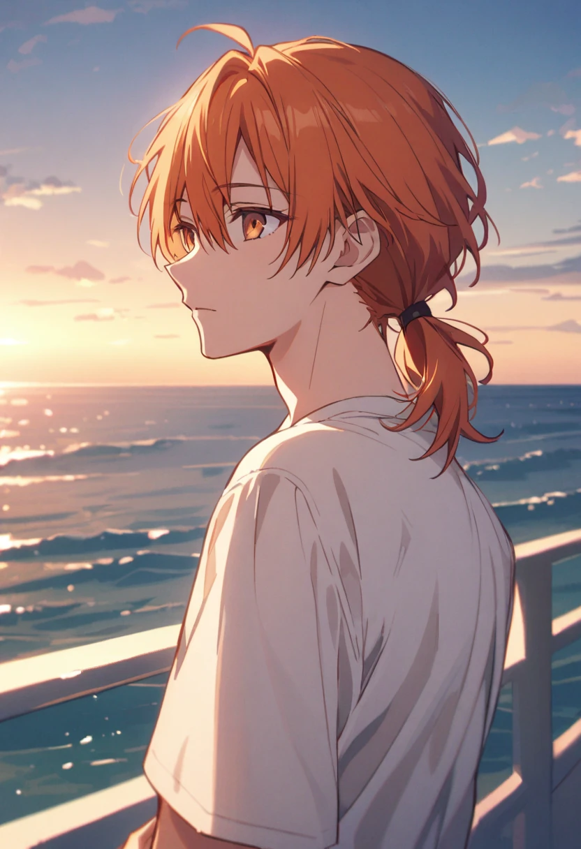 good looking, alone, 1 male, Medium Hair, Low Ponytail, Bright orange hair, Hazel Eyes, White shirt、Beautiful views、Ocean、friendly