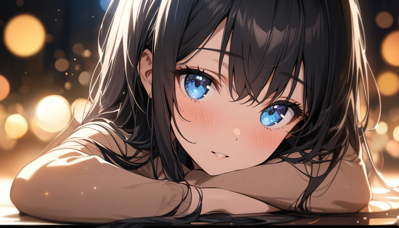 Full resolution, Highest quality, masterpiece, Full HD, Bokeh, particle Bokeh, Depth of written boundary,  Beautiful girls, Very detailed, One girl, pretty girl, Black Hair, Long Hair, Blue water eyes