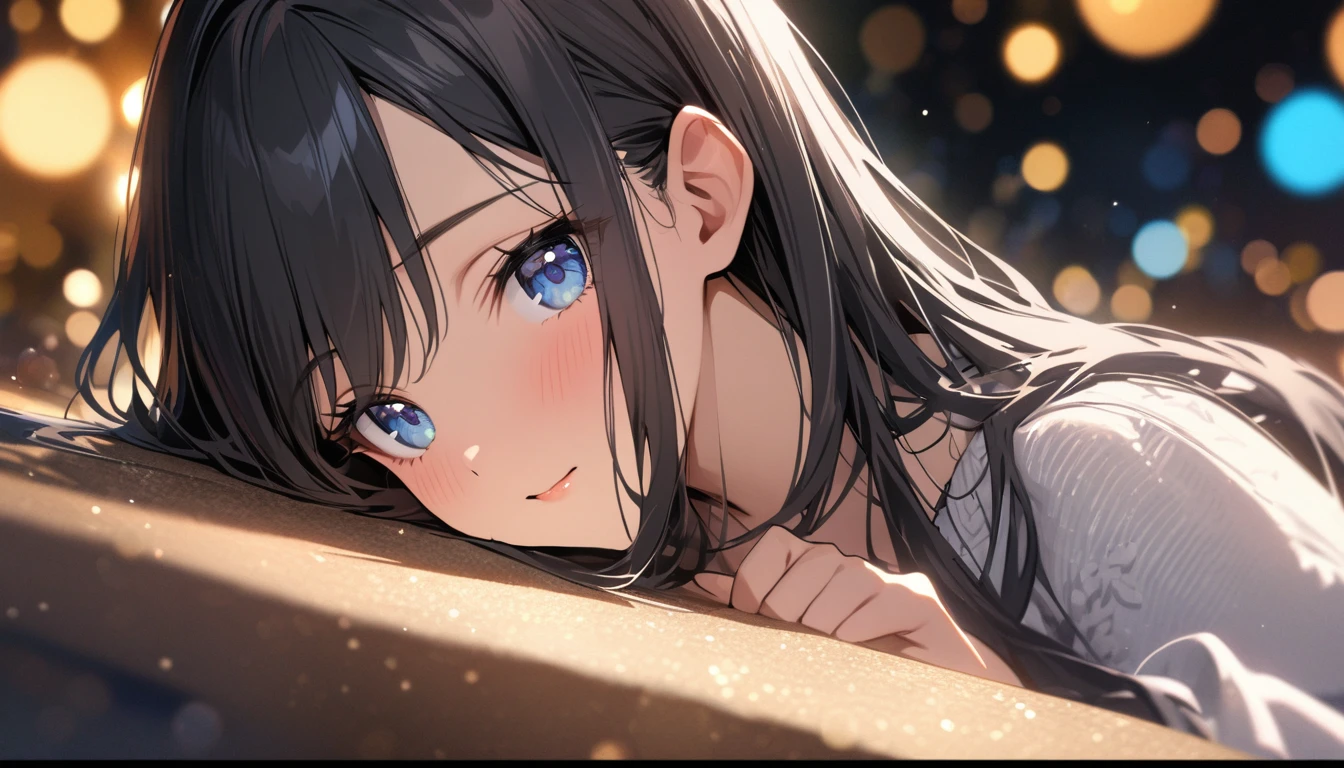 Full resolution, Highest quality, masterpiece, Full HD, Bokeh, particle Bokeh, Depth of written boundary,  Beautiful girls, Very detailed, One girl, pretty girl, Black Hair, Long Hair, Blue water eyes