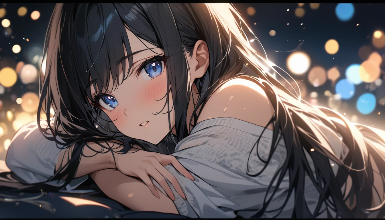 Full resolution, Highest quality, masterpiece, Full HD, Bokeh, particle Bokeh, Depth of written boundary, Beautiful girls, Very detailed, One girl, pretty girl, Black Hair, Long Hair, Blue water eyes