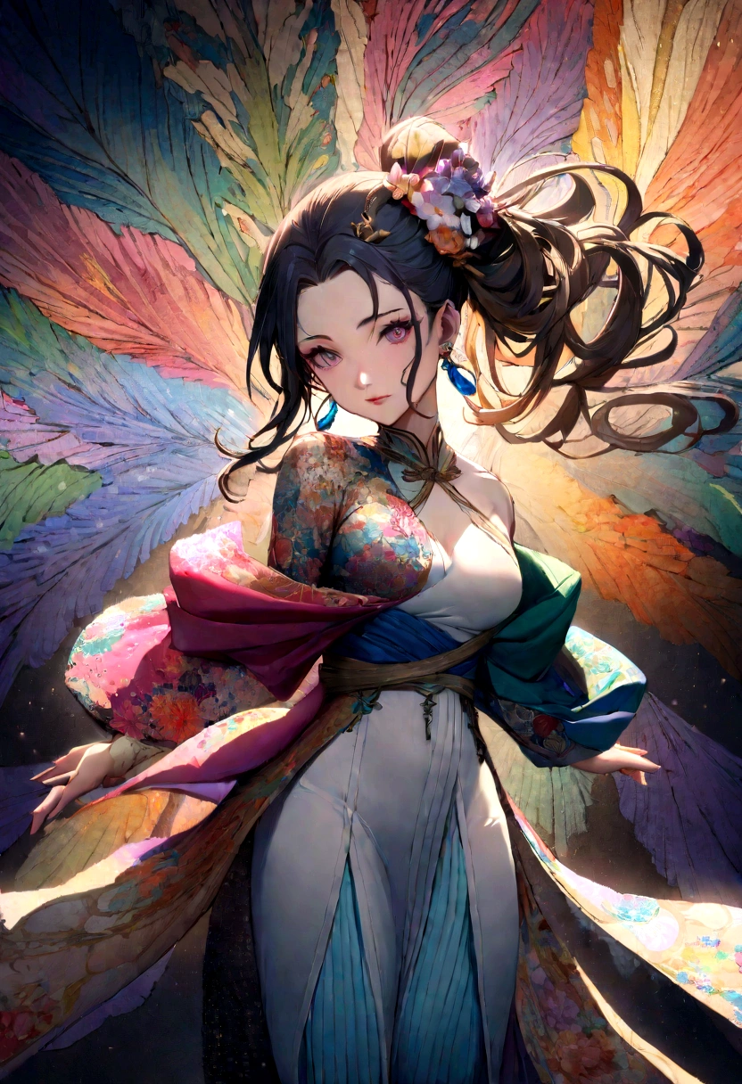 (masterpiece, Highest quality, Highest quality, Official Art, beautifully、aesthetic:1.2), (One girl:1.3),Copier (printer:1.5)Very detailed,(Fractal Art:1.1),(colorful:1.1)(Flowers:1.3),Best details,(Tangled:1.2), (Dynamic pose), (Abstract background:1.3), (Chinese traditional cloth:1.2), (Shiny skin), (Colorful:1.4), ,(Earrings:1.4),