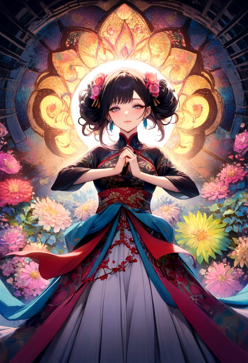 (masterpiece, Highest quality, Highest quality, Official Art, beautifully、aesthetic:1.2), (One girl:1.3),Copier （printer：1.5）Very detailed,(Fractal Art:1.1),(colorful:1.1)(Flowers:1.3),Best details,(Tangled:1.2), (Dynamic pose), (Abstract background:1.3), (Chinese traditional cloth:1.2), (Shiny skin), (Colorful:1.4), ,(Earrings:1.4),