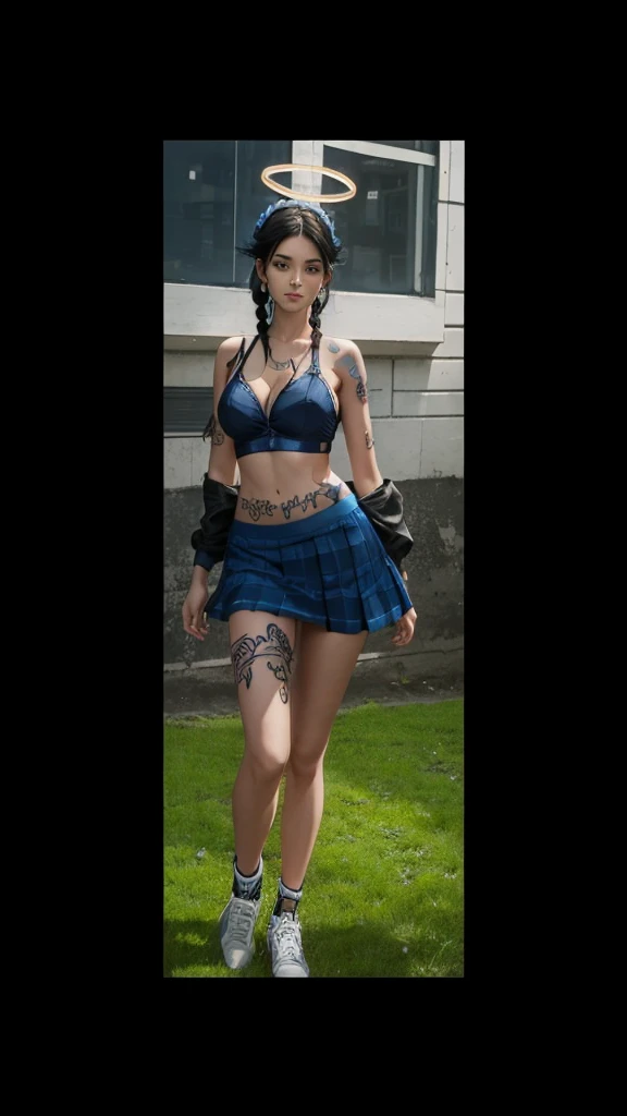 A beautiful girl full body, braided black hair, with blue bra, with blue skirt, with a tattoo on his leg and a halo over his head.