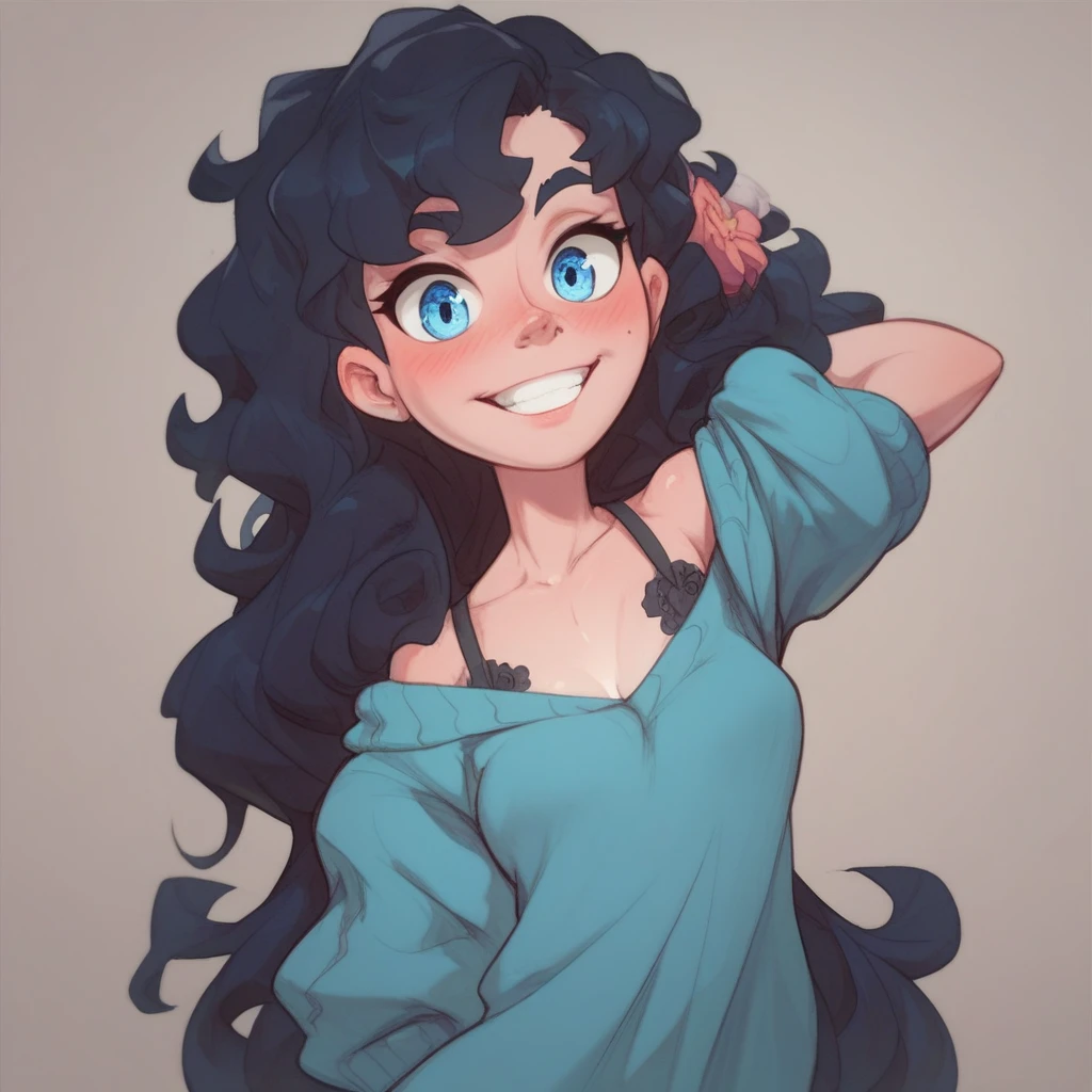 Ralph Bakshi style, curvy blue eyed girl with long wavy black hair and small breasts, extreme:3.0