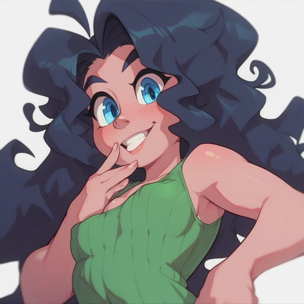 Ralph Bakshi style, curvy blue eyed girl with long wavy black hair and small breasts, extreme:3.0