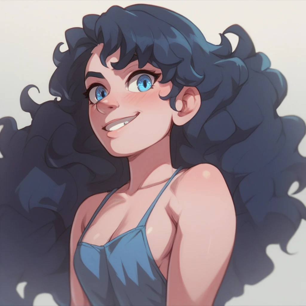 Ralph Bakshi style, curvy blue eyed girl with long wavy black hair and small breasts, extreme:3.0