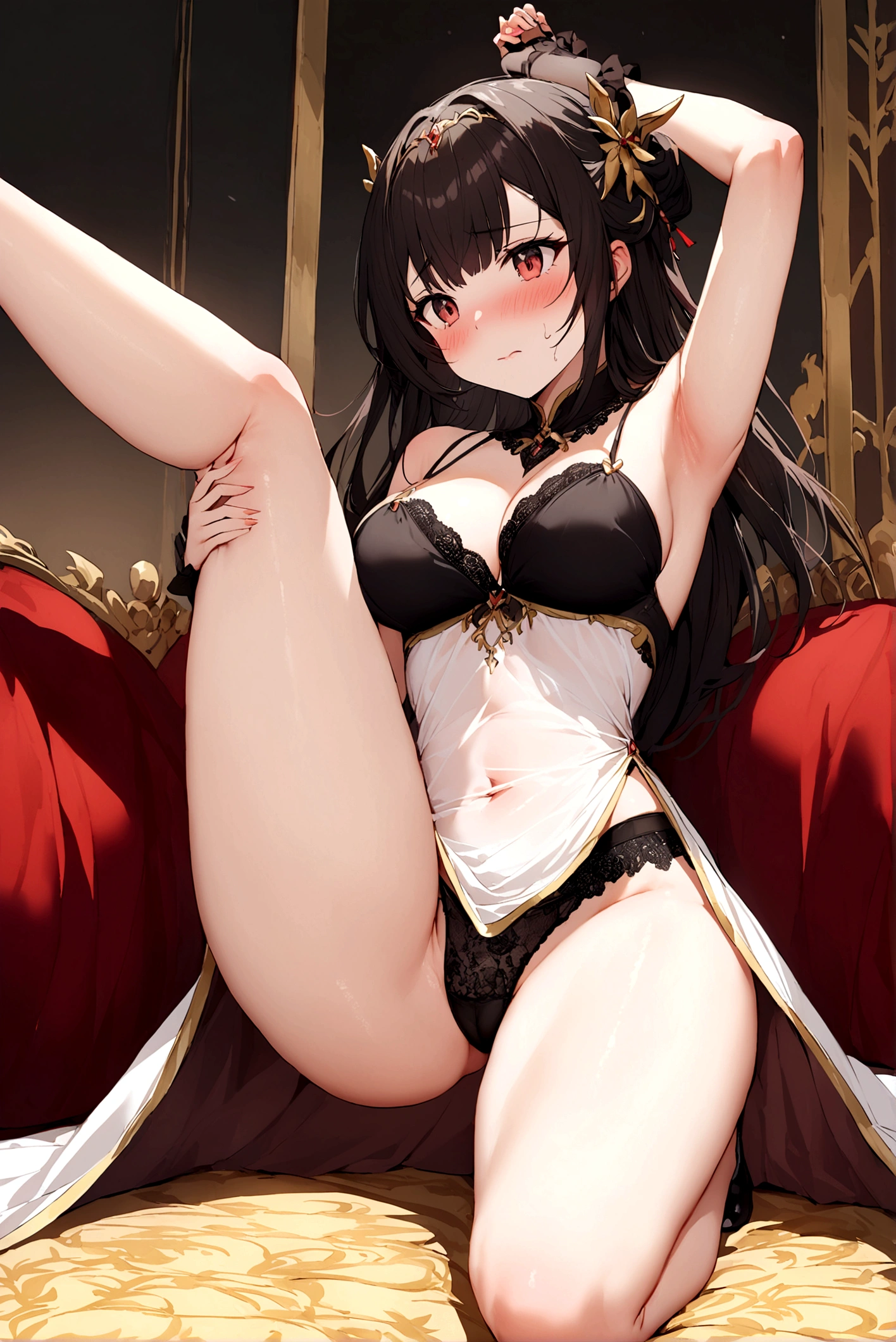 Ultimate Douluo Lan Xuanyu sexy evening dress,Lace hollow transparent camisole underwear,dark,Nervous fun,sit,Lan Xuanyu women's clothing golden dragon princess,dark晚礼服高跟鞋,Sexy lace front split legs,Legs split left and right,Blushing Desire
