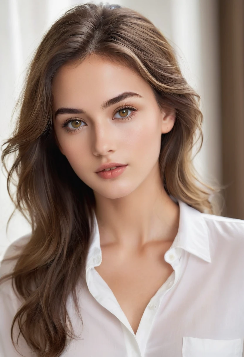 Create a portrait of a beautiful and attractive 22-year-old woman. She is wearing a plain white shirt that highlights her natural beauty. She has sexy, well-defined brows and a captivating sight, with large, lush eyelashes framing her brilliant brown-golden eyes. Her medium-thick lips add to her allure. Her face is perfectly symmetrical and proportionate, exuding an ethereal quality. She has brown, slightly curly hair with subtle blonde highlights that catch the light beautifully. The overall composition should emphasize her natural elegance and charm, with a soft, flattering background that complements her features