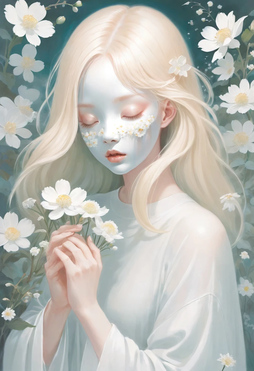 Soft space,Soft tones,Hazy and mysterious,A lot of mist and white flowers,blond woman with white flowers covering her face and eyes, inspired by Hsiao-Ron Cheng, inspired by Yanjun Cheng, by Ayami Kojima, by Hsiao-Ron Cheng, by Yanjun Cheng, Guweiz, artwork in the style of Guweiz, by Eizan It's a gift, cake, james jean and wlop