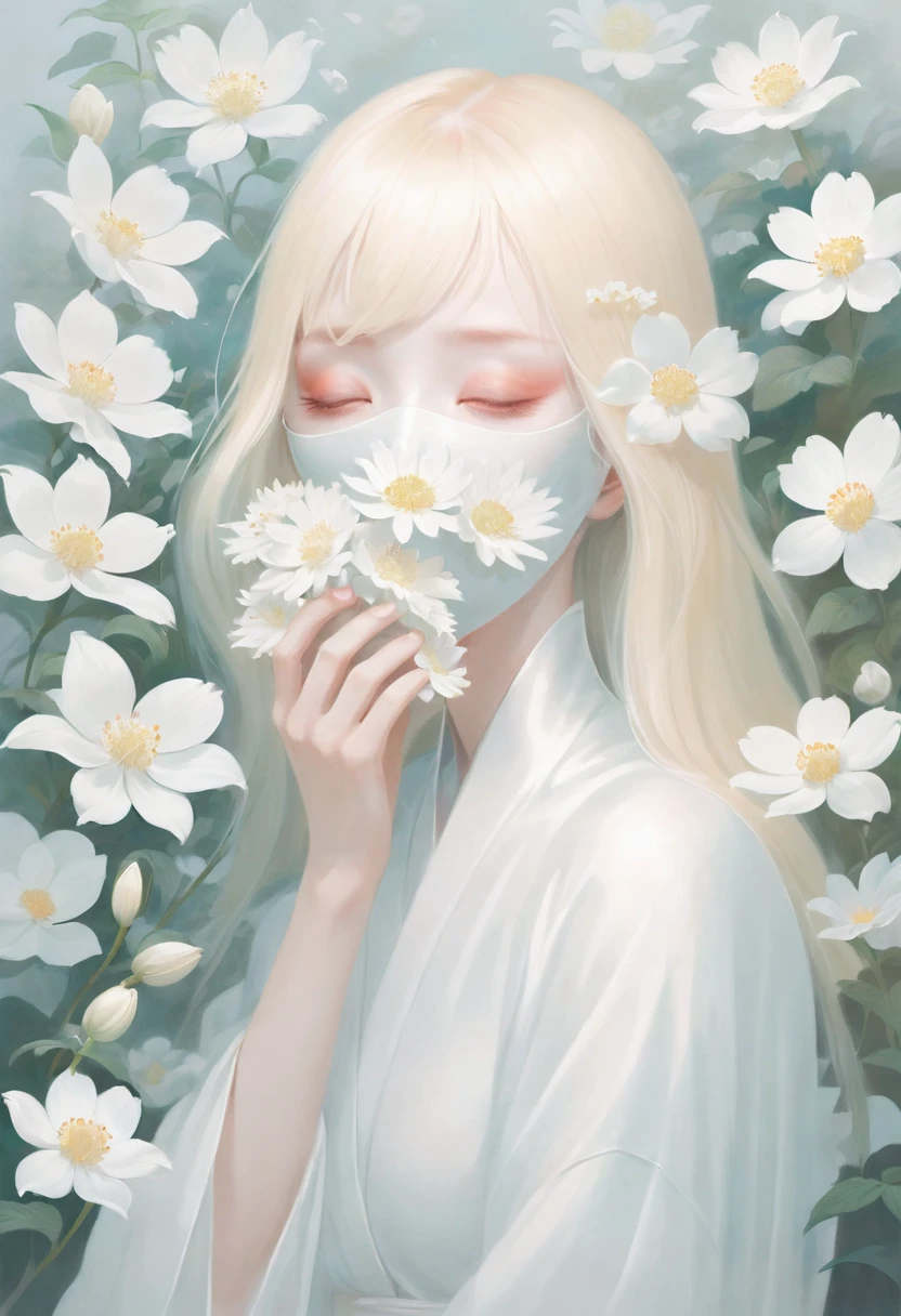 Soft space，Soft tones，Hazy and mysterious，A lot of mist and white flowers，blond woman with white flowers covering her face and eyes, inspired by Hsiao-Ron Cheng, inspired by Yanjun Cheng, by Ayami Kojima, by Hsiao-Ron Cheng, by Yanjun Cheng, Guweiz, artwork in the style of Guweiz, by Eizan It&#39;s a gift, cake, james jean and wlop