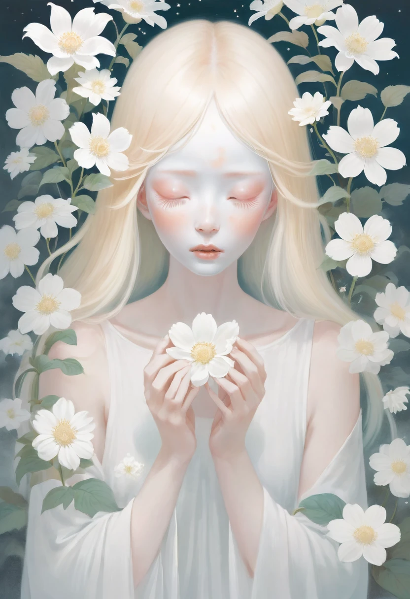 Soft space,Soft tones,Hazy and mysterious,A lot of mist and white flowers,blond woman with white flowers covering her face and eyes, inspired by Hsiao-Ron Cheng, inspired by Yanjun Cheng, by Ayami Kojima, by Hsiao-Ron Cheng, by Yanjun Cheng, Guweiz, artwork in the style of Guweiz, by Eizan It's a gift, cake, james jean and wlop